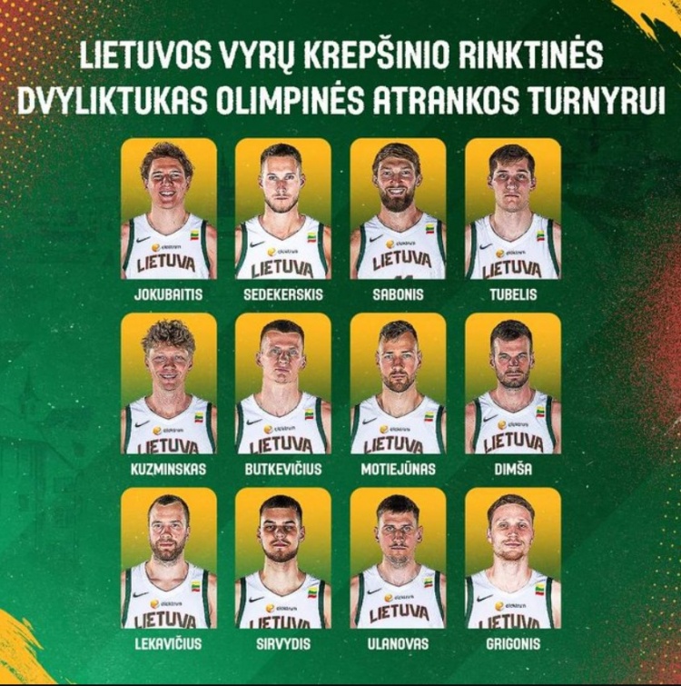 立陶宛男篮奥运资格赛12人名单出炉：小萨领衔 莫泰在列